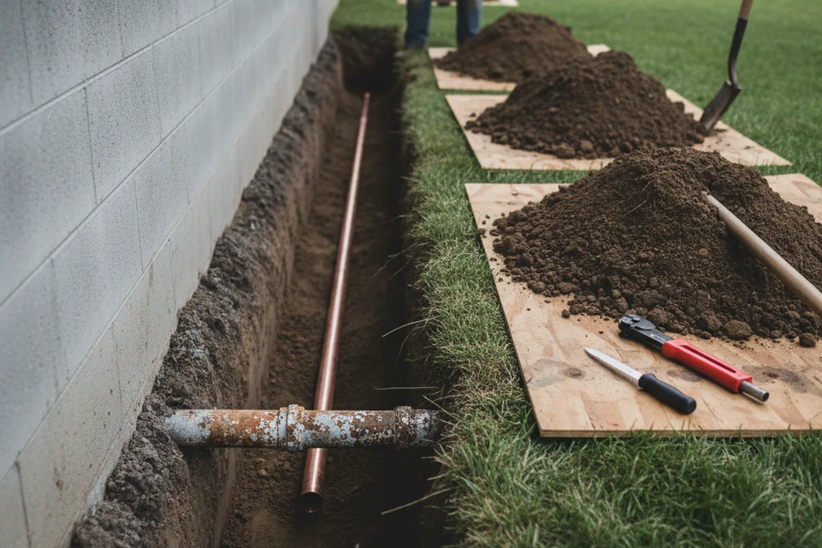 Excavated water line trench during Water Softener Installation in Blairs Mills